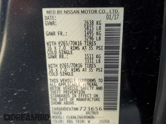 2017 Nissan Frontier Pro-4X z VIN 1N6DD0EV7HN723656, wystawiony jako Copart lot #50453655 z przebiegiem 32 165 mil mil oraz Szkoda całkowita • Salvage title. Historia ofert i sprzedaży dostępna na DreamBid. Obrazek 12.