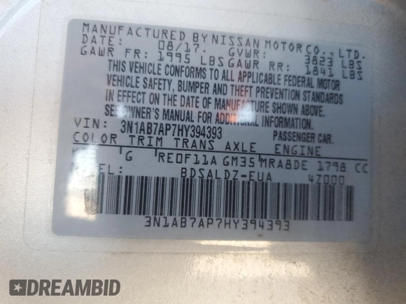 2017 Nissan Sentra SV z VIN 3N1AB7AP7HY394393, wystawiony jako Copart lot #56209135 z przebiegiem 84 022 mil mil oraz Szkoda całkowita • Salvage title. Historia ofert i sprzedaży dostępna na DreamBid. Obrazek 12.