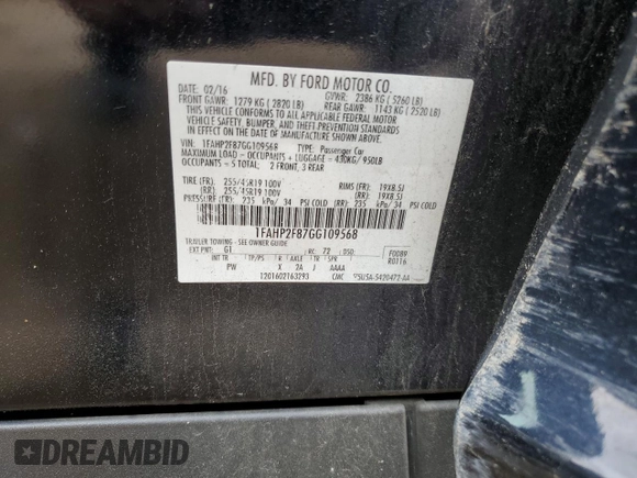 2016 Ford Taurus Limited with VIN 1FAHP2F87GG109568, listed as a Copart auction lot 51687565 with 74,841 mi miles and Salvage Title. Bid and sale history available at DreamBid. Image 15.