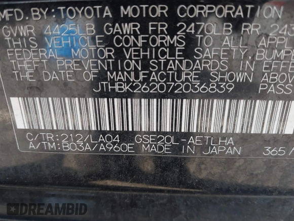 2007 Lexus IS 250 with VIN JTHBK262072036839, listed as a IAAI auction lot 42603071 with 196,683 mi miles and . Bid and sale history available at DreamBid. Image 9.