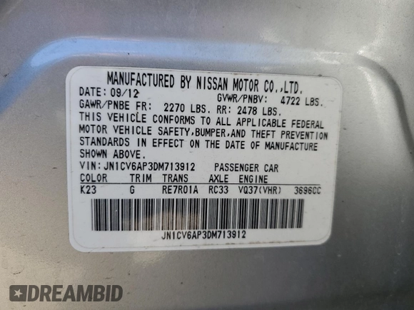2013 Infiniti G37 Journey with VIN JN1CV6AP3DM713912, listed as a Copart auction lot 45978875 with 120,924 mi miles and Salvage title. Bid and sale history available at DreamBid. Image 12.