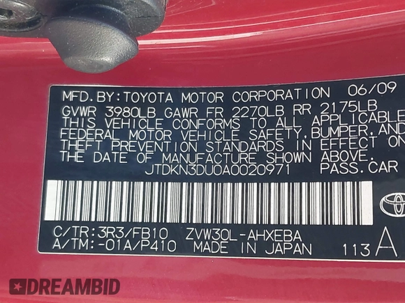 2010 Toyota Prius II with VIN JTDKN3DU0A0020971, listed as a IAAI auction lot 41840570 with 121,155 mi miles. Bid and sale history available at carsss.com. Image 9.
