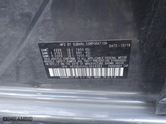 2020 Subaru Impreza Premium with VIN 4S3GKAD63L3604383, listed as a IAAI auction lot 41248219 with 28,108 mi miles. Bid and sale history available at carsss.com. Image 9.