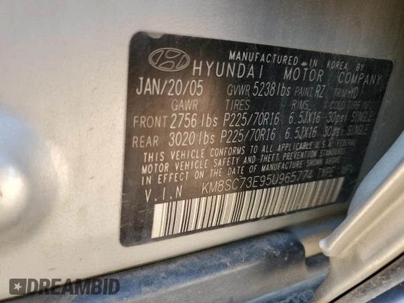 2005 Hyundai Santa Fe GLS with VIN KM8SC73E95U965774, listed as a Copart auction lot 83975804 with 115,753 mi miles and Salvage Title. Bid and sale history available at carsss.com. Image 13.