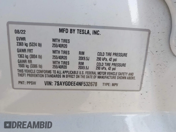 2022 Tesla Model Y Long Range with VIN 7SAYGDEE4NF532678, listed as a IAAI auction lot 41761130 with Not Provided miles and . Bid and sale history available at carsss.com. Image 9.
