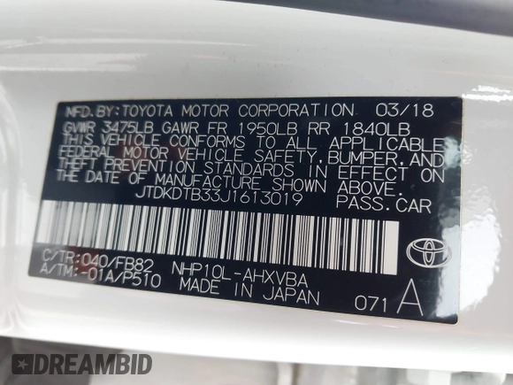 2018 Toyota Prius One with VIN JTDKDTB33J1613019, listed as a IAAI auction lot 42063768 with 59,143 mi miles and . Bid and sale history available at DreamBid. Image 9.