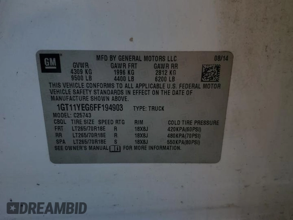 2015 GMC Sierra 1500 with VIN 1GT11YEG6FF194903, listed as a Copart auction lot 49416694 with Not Provided miles and Salvage Title. Bid and sale history available at DreamBid. Image 12.