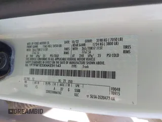 2022 Ford F-150 XL с VIN 1FTFW1E5XNKE91143, выставлен на аукционе IAAI как лот 42823433 с пробегом 74 617 миль миль и . История ставок и продаж доступна на DreamBid. Изображение 9.