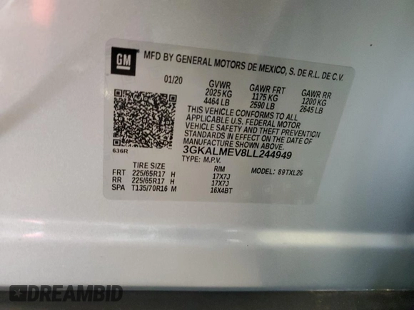 2020 GMC Terrain SLE с VIN 3GKALMEV8LL244949, выставлен на аукционе Copart как лот 63988125 с пробегом 39 358 миль миль и Списание • Salvage title. История ставок и продаж доступна на DreamBid. Изображение 13.