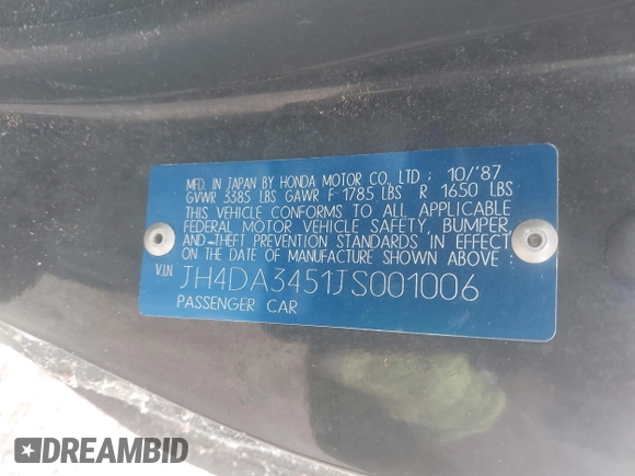 1988 Acura Integra z VIN JH4DA3451JS001006, wystawiony jako IAAI lot #42246189 z przebiegiem 120 711 mil mil oraz . Historia ofert i sprzedaży dostępna na DreamBid. Obrazek 9.