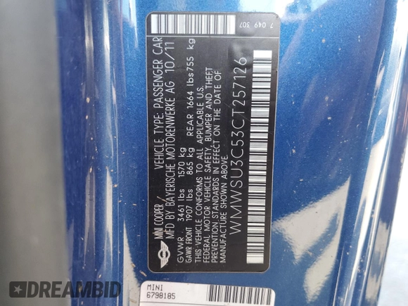 2012 MINI Hardtop with VIN WMWSU3C53CT257126, listed as a Copart auction lot 52146465 with 146,485 mi miles and Salvage Title. Bid and sale history available at DreamBid. Image 12.