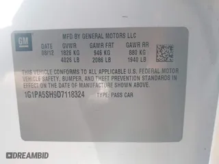 2013 Chevrolet Cruze LS with VIN 1G1PA5SH9D7118324, listed as a IAAI auction lot 41702565 with 161,135 mi miles. Bid and sale history available at carsss.com. Image 9.