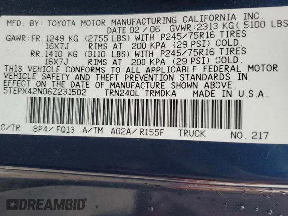 2006 Toyota Tacoma with VIN 5TEPX42N06Z231502, listed as a Copart auction lot 83566484 with 113,235 mi miles and Salvage Title. Bid and sale history available at carsss.com. Image 12.