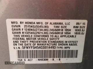 2016 Honda Pilot EX-L z VIN 5FNYF5H54GB014493, wystawiony jako Copart lot #52558665 z przebiegiem 206 180 mil mil oraz Szkoda całkowita • Salvage title. Historia ofert i sprzedaży dostępna na DreamBid. Obrazek 16.