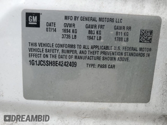 2014 Chevrolet Sonic LT with VIN 1G1JC5SH8E4242409, listed as a Copart auction lot 55356865 with 141,497 mi miles and Clean Title. Bid and sale history available at DreamBid. Image 16.