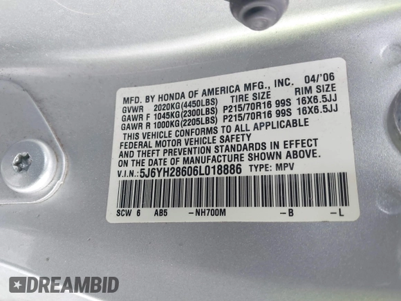 2006 Honda Element EX with VIN 5J6YH28606L018886, listed as a IAAI auction lot 41732848 with 143,653 mi miles and . Bid and sale history available at DreamBid. Image 9.