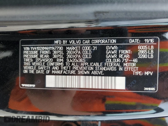 2017 Volvo XC90 with VIN YV4102XM4H1147790, listed as a Copart auction lot 83623954 with 111,034 mi miles and Salvage Title. Bid and sale history available at DreamBid. Image 14.