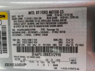 2019 Ford Fusion Hybrid SE with VIN 3FA6P0LU8KR242998, listed as a Copart auction lot 48927543 with 102,036 mi miles. Bid and sale history available at carsss.com. Image 10.