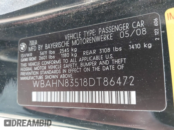 2008 BMW 7 Series 750Li z VIN WBAHN83518DT86472, wystawiony jako IAAI lot #42261898 z przebiegiem 175 875 mil mil oraz . Historia ofert i sprzedaży dostępna na DreamBid. Obrazek 9.