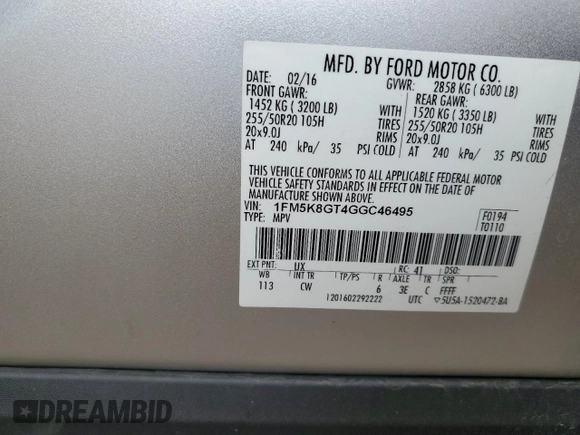 2016 Ford Explorer Sport with VIN 1FM5K8GT4GGC46495, listed as a Copart auction lot 51855625 with 117,632 mi miles and Salvage Title. Bid and sale history available at DreamBid. Image 15.