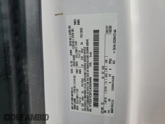 2020 Ford F-150 XL with VIN 1FTEX1CB7LKD65496, listed as a Copart auction lot 48134305 with 100,139 mi miles and Clean Title. Bid and sale history available at DreamBid. Image 12.