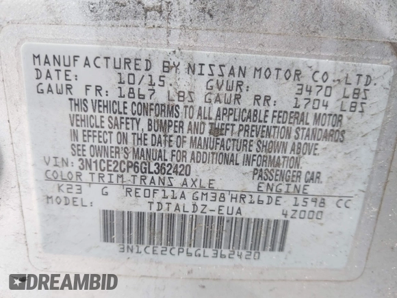 2016 Nissan Note SV with VIN 3N1CE2CP6GL362420, listed as a IAAI auction lot 41774852 with 159,983 mi miles and . Bid and sale history available at DreamBid. Image 9.