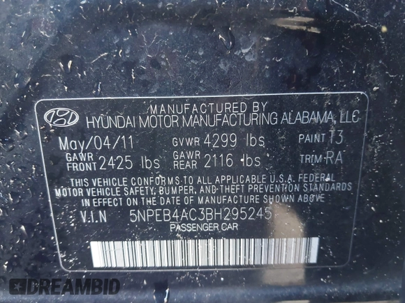 2011 Hyundai Sonata GLS with VIN 5NPEB4AC3BH295245, listed as a IAAI auction lot 42110670 with 213,643 mi miles and . Bid and sale history available at DreamBid. Image 9.