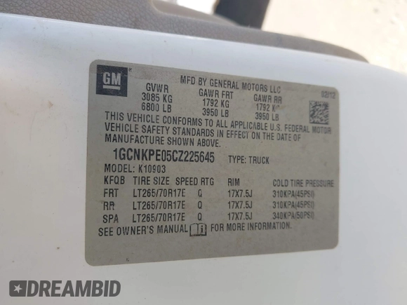 2012 Chevrolet Silverado 1500 Work Truck with VIN 1GCNKPE05CZ225645, listed as a IAAI auction lot 41838485 with 69,970 mi miles and . Bid and sale history available at DreamBid. Image 9.