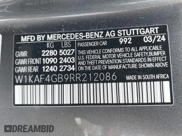 2024 Mercedes-Benz C 300 with VIN W1KAF4GB9RR212086, listed as a IAAI auction lot 41979563 with 8,719 mi miles and . Bid and sale history available at carsss.com. Image 9.