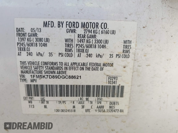 2013 Ford Explorer XLT с VIN 1FM5K7D89DGC88621, выставлен на аукционе IAAI как лот 42506701 с пробегом 178 064 миль миль и . История ставок и продаж доступна на DreamBid. Изображение 9.