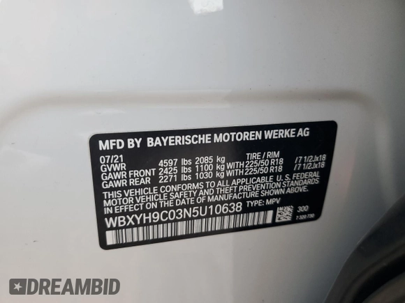2022 BMW X2 sDrive28i with VIN WBXYH9C03N5U10638, listed as a Copart auction lot 74921814 with 46,252 mi miles and Salvage Title. Bid and sale history available at carsss.com. Image 12.