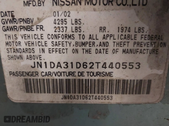 2002 Nissan Maxima GLE с VIN JN1DA31D62T440553, выставлен на аукционе IAAI как лот 41556825 с пробегом 172 568 миль миль и . История ставок и продаж доступна на DreamBid. Изображение 9.