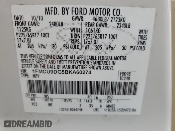 2011 Ford Escape XLT с VIN 1FMCU9DG5BKA60274, выставлен на аукционе Copart как лот 64387035 с пробегом 196 452 миль миль и Чистый • Clean title. История ставок и продаж доступна на DreamBid. Изображение 13.