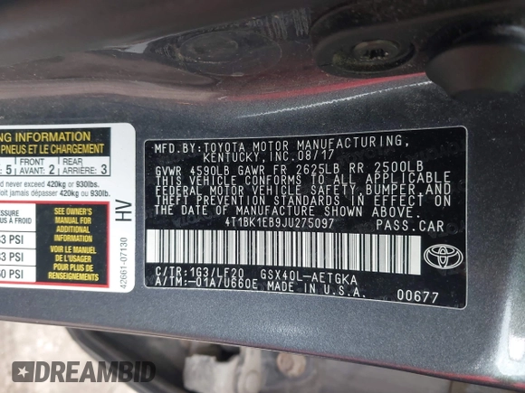 2018 Toyota Avalon XLE with VIN 4T1BK1EB9JU275097, listed as a IAAI auction lot 41940585 with 119,854 mi miles and . Bid and sale history available at DreamBid. Image 9.