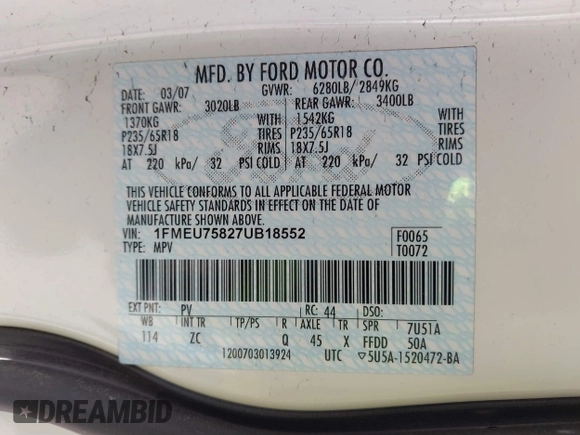 2007 Ford Explorer Limited с VIN 1FMEU75827UB18552, выставлен на аукционе IAAI как лот 41854992 с пробегом 61 979 миль миль и . История ставок и продаж доступна на DreamBid. Изображение 9.
