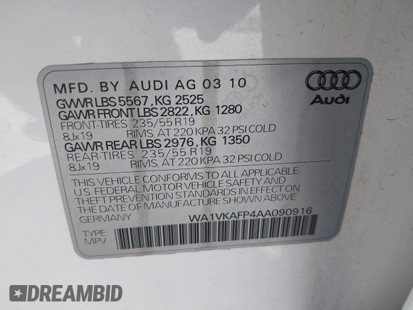 2010 Audi Q5 Prestige with VIN WA1VKAFP4AA090916, listed as a IAAI auction lot 41959624 with 236,036 mi miles and . Bid and sale history available at DreamBid. Image 9.