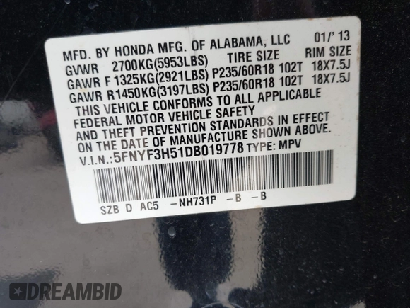 2013 Honda Pilot EX-L with VIN 5FNYF3H51DB019778, listed as a IAAI auction lot 40711477 with 165,505 mi miles and . Bid and sale history available at DreamBid. Image 9.