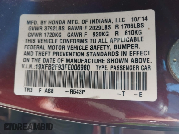 2015 Honda Civic Sedan EX-L with VIN 19XFB2F93FE006980, listed as a IAAI auction lot 41780229 with 216,884 mi miles. Bid and sale history available at carsss.com. Image 9.