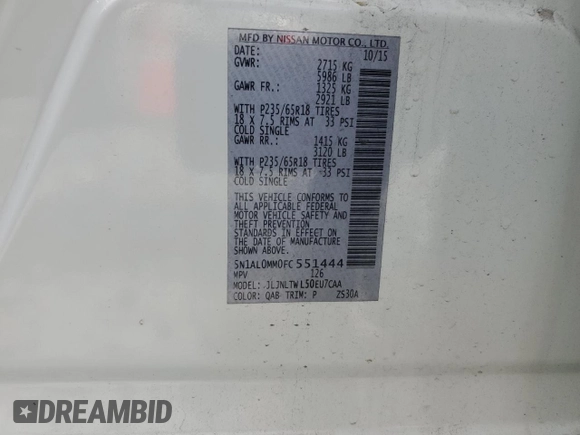 2015 Infiniti QX60 with VIN 5N1AL0MM0FC551444, listed as a Copart auction lot 53893195 with 138,366 mi miles and Salvage title. Bid and sale history available at DreamBid. Image 13.