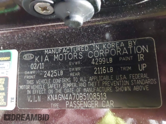 2011 Kia Optima EX with VIN KNAGN4A70B5108513, listed as a IAAI auction lot 42097595 with 184,334 mi miles and . Bid and sale history available at carsss.com. Image 9.