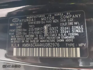 2019 Hyundai Kona SEL with VIN KM8K6CAA4KU382976, listed as a IAAI auction lot 41820749 with 61,619 mi miles. Bid and sale history available at carsss.com. Image 9.