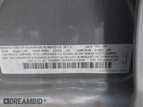2009 Volkswagen Jetta SE с VIN 3VWRM71K99M167159, выставлен на аукционе IAAI как лот 42409998 с пробегом 78 459 миль миль и . История ставок и продаж доступна на DreamBid. Изображение 9.