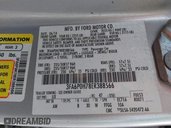 2014 Ford Fusion SE with VIN 3FA6P0H78ER388566, listed as a IAAI auction lot 41663057 with 127,673 mi miles and . Bid and sale history available at DreamBid. Image 9.