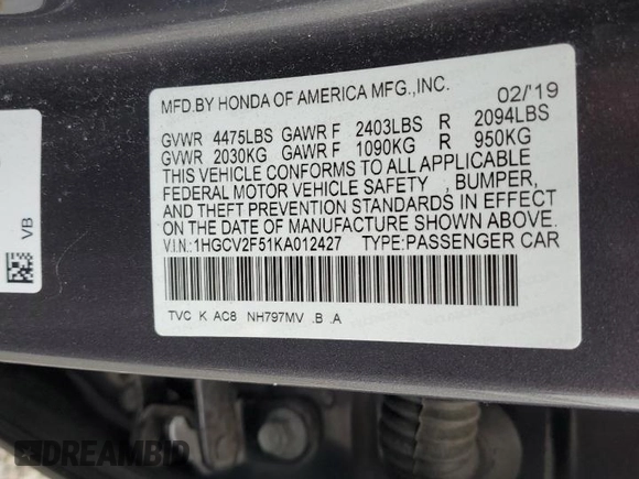 2019 Honda Accord EX-L z VIN 1HGCV2F51KA012427, wystawiony jako Copart lot #56748235 z przebiegiem 63 556 mil mil oraz Szkoda całkowita • Salvage title. Historia ofert i sprzedaży dostępna na DreamBid. Obrazek 12.
