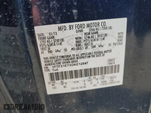 2013 Ford F-150 XL with VIN 1FTFX1ETXDKE12547, listed as a Copart auction lot 63470185 with 123,751 mi miles and Clean title. Bid and sale history available at DreamBid. Image 12.