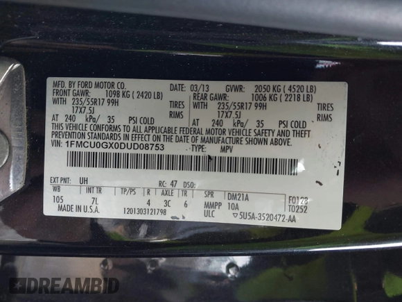 2013 Ford Escape SE с VIN 1FMCU0GX0DUD08753, выставлен на аукционе IAAI как лот 41674828 с пробегом 149 850 миль миль и . История ставок и продаж доступна на DreamBid. Изображение 9.
