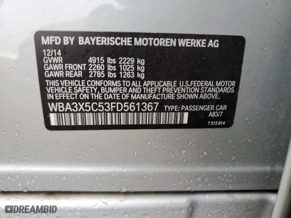 2015 BMW 3 Series Gran Turismo 328i xDrive with VIN WBA3X5C53FD561367, listed as a Copart auction lot 81523654 with 124,491 mi miles and Salvage Title. Bid and sale history available at carsss.com. Image 12.