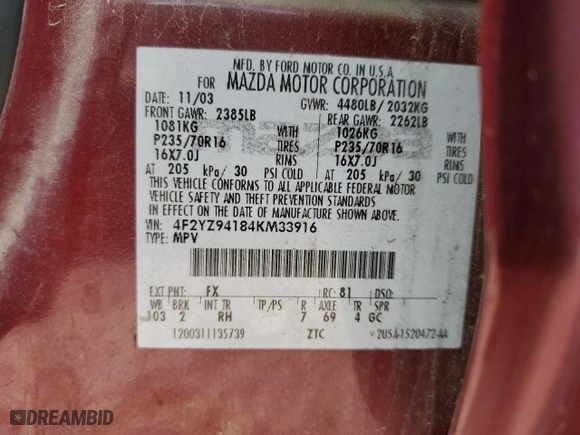 2004 Mazda Tribute LX with VIN 4F2YZ94184KM33916, listed as a Copart auction lot 70839734 with 0 mi miles and Salvage Title. Bid and sale history available at carsss.com. Image 12.