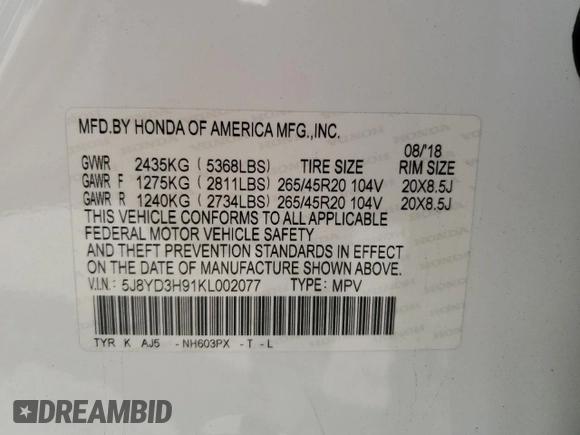 2019 Acura MDX Advance with VIN 5J8YD3H91KL002077, listed as a Copart auction lot 45039805 with Not Provided miles and Salvage Title. Bid and sale history available at DreamBid. Image 13.