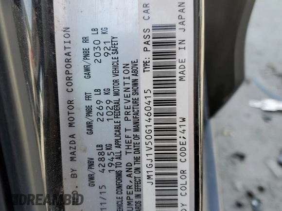 2016 Mazda Mazda6 i Touring with VIN JM1GJ1V50G1460415, listed as a Copart auction lot 48035625 with 111,481 mi miles and Salvage Title. Bid and sale history available at carsss.com. Image 12.